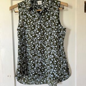 CAbi Keepsake Tunic Top Sage Green Blue Floral Sleeveless Tank Blouse